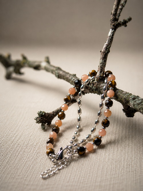 Naturstein Würfel Armband mit Navettekette versilbert