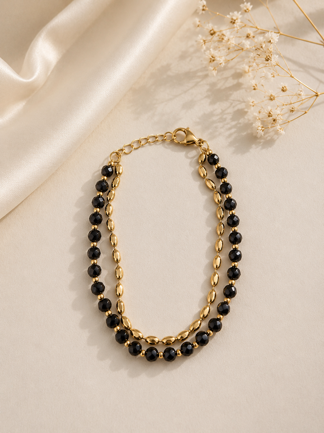 Onyx Würfel-Armband mit Navettekette  18 K Gelbgold vergoldet